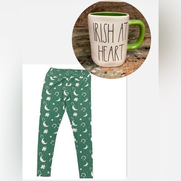 2 pc St Patrick Set Rae Dunn Mug and LuLaRoe Green Lucky Leggings Tall & Curvy - Picture 1 of 10